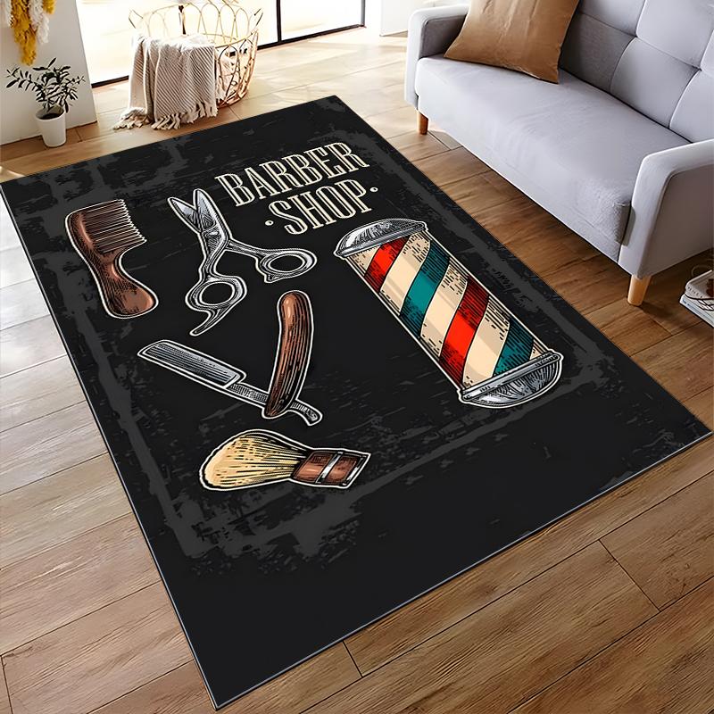 Barber Shop Theme Carpet with Scissors, Razor and Brush Design, Black Suitable for Use As an Anti-slip for Living Room Bedroom Sofas