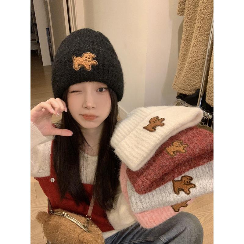 

Puppy Cloth Woolen Hat for Women in Autumn and Winter Large Head Circumference Small Face Warm Ear Protection Fashionable Knitted Hat One Size