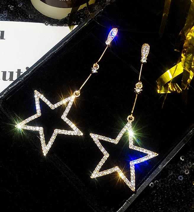 New Shiny Temperament Five-pointed Star Rhinestone Crystal Earrings Personality Wild Long Star Pendant Exaggerated Big Earrings золотой