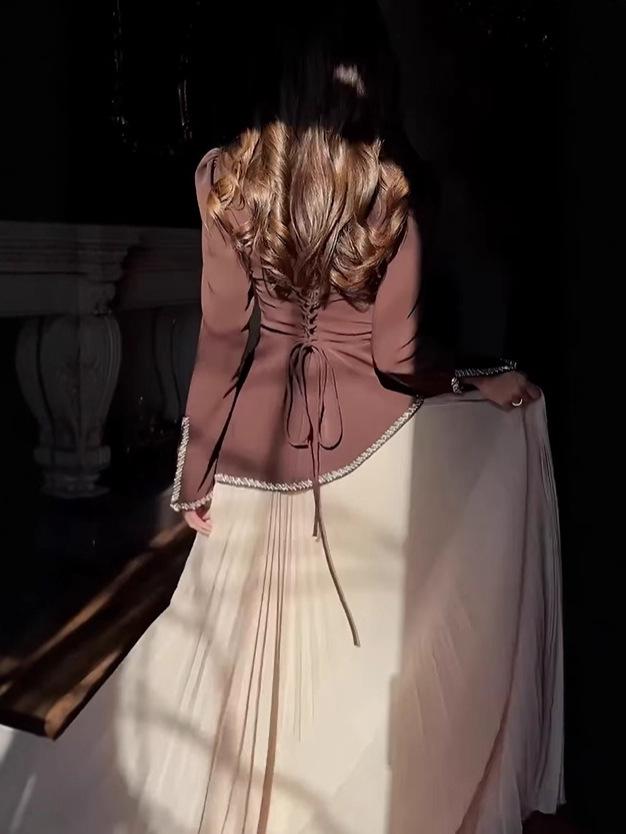 2026 Autumn European & American Solid Color Long Dress with Elegant Hot Drilling - French Two-Piece Set.