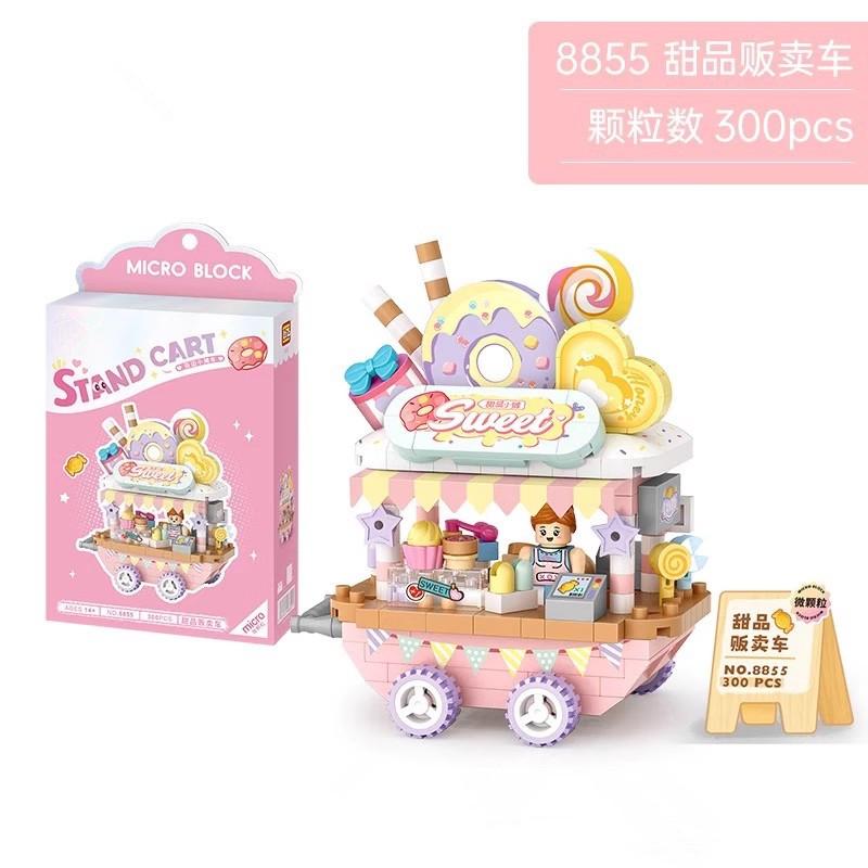 Stand Cart Blocks City Series Street View 300Pcs+ Food Truck Fruit/Icecream Shop Learning Build Toys Toys For Adult 8855