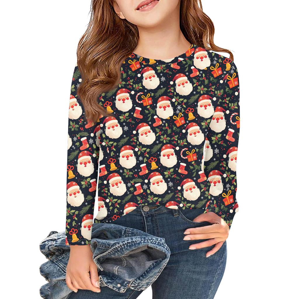 Christmas Day Girls Long Sleeve T Shirts Kids Fall Tops Crewneck Printed Basic Tees