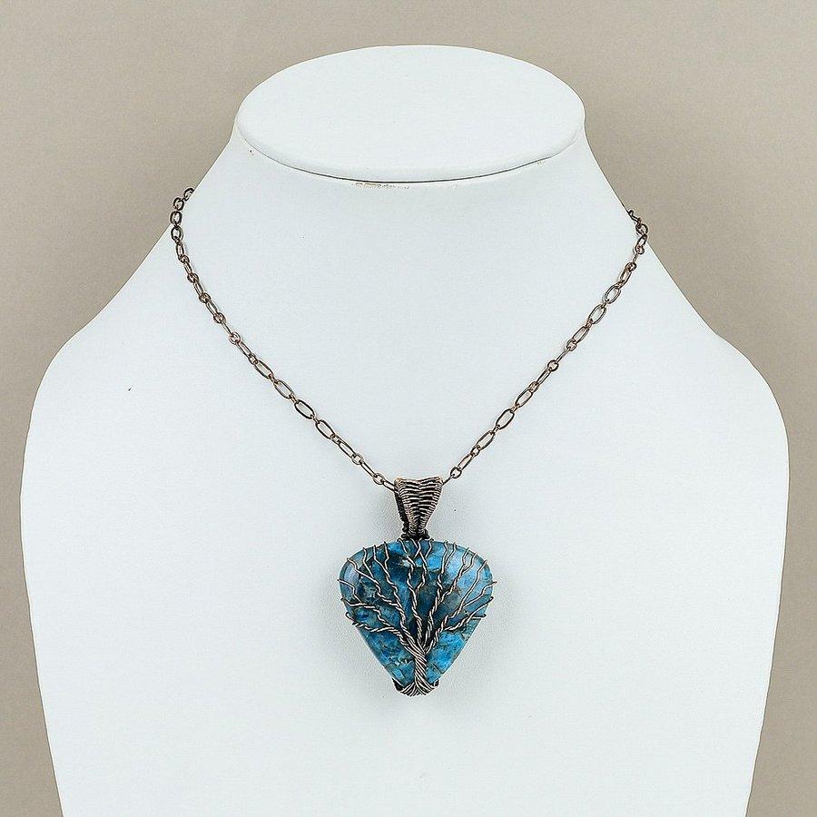 Natural Blue Apatite Gemstone Handmade Copper Wire Wrap Pendant 2.13" O4H70