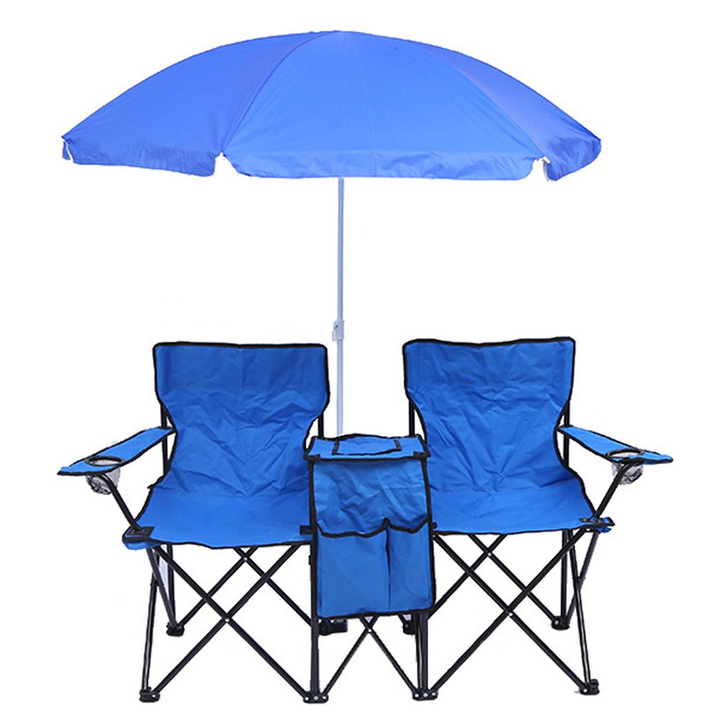 Sammenleggbar stol Sammenleggbar bærbar camping utendørs strandplenstol med solskjerming ispose for to