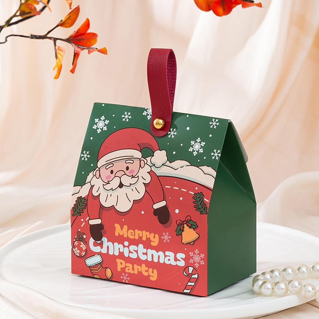 New Portable Christmas Gift Box With PU Handle Thick Cardboard Xmas Candy Treat Box For Holiday Party Favors