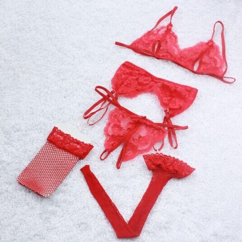 4 Pieces/set Women's Lace Lingerie Set Sexy Underwear Hollow Opening Bra Thong Garter Net Stockings Set Erotic Exotic Underwear