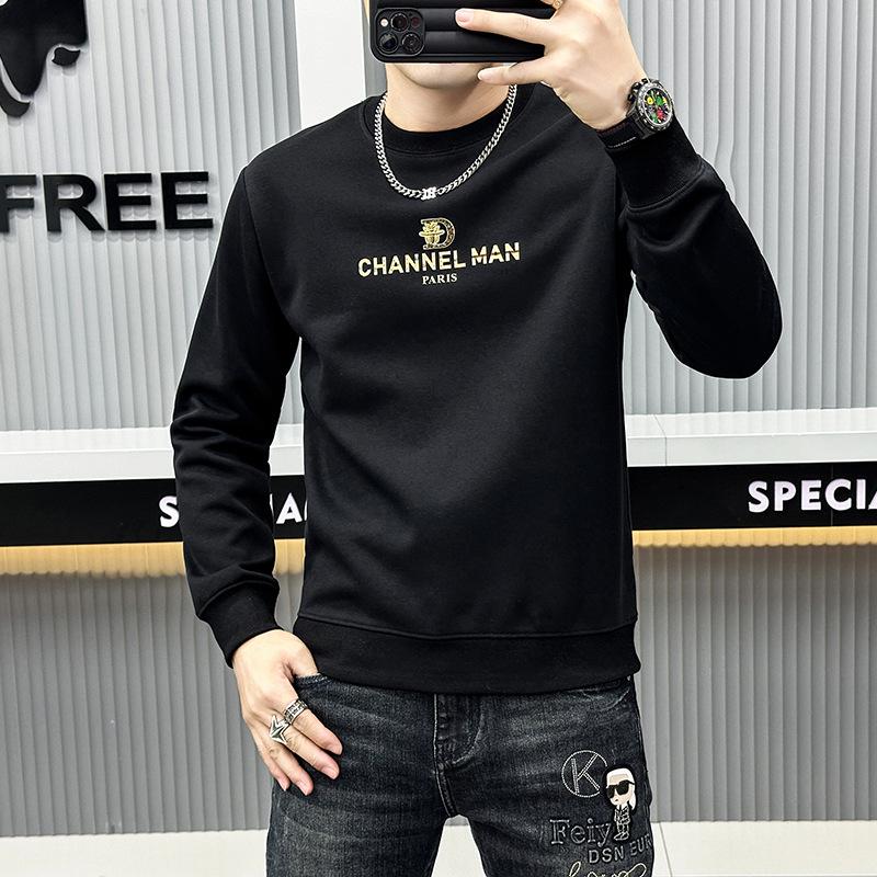 European High-End Embossed Men's Round Neck Sweatshirt - Autumn Trend Luxury Letter Print