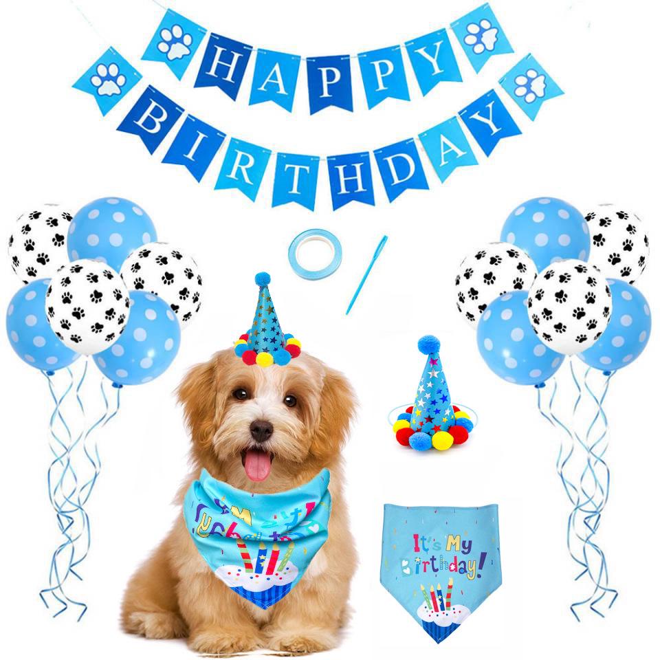 Pet Birthday Party Decoration Set: Dog and Cat Balloons, Hat, Props, Banner, and Pull Flag