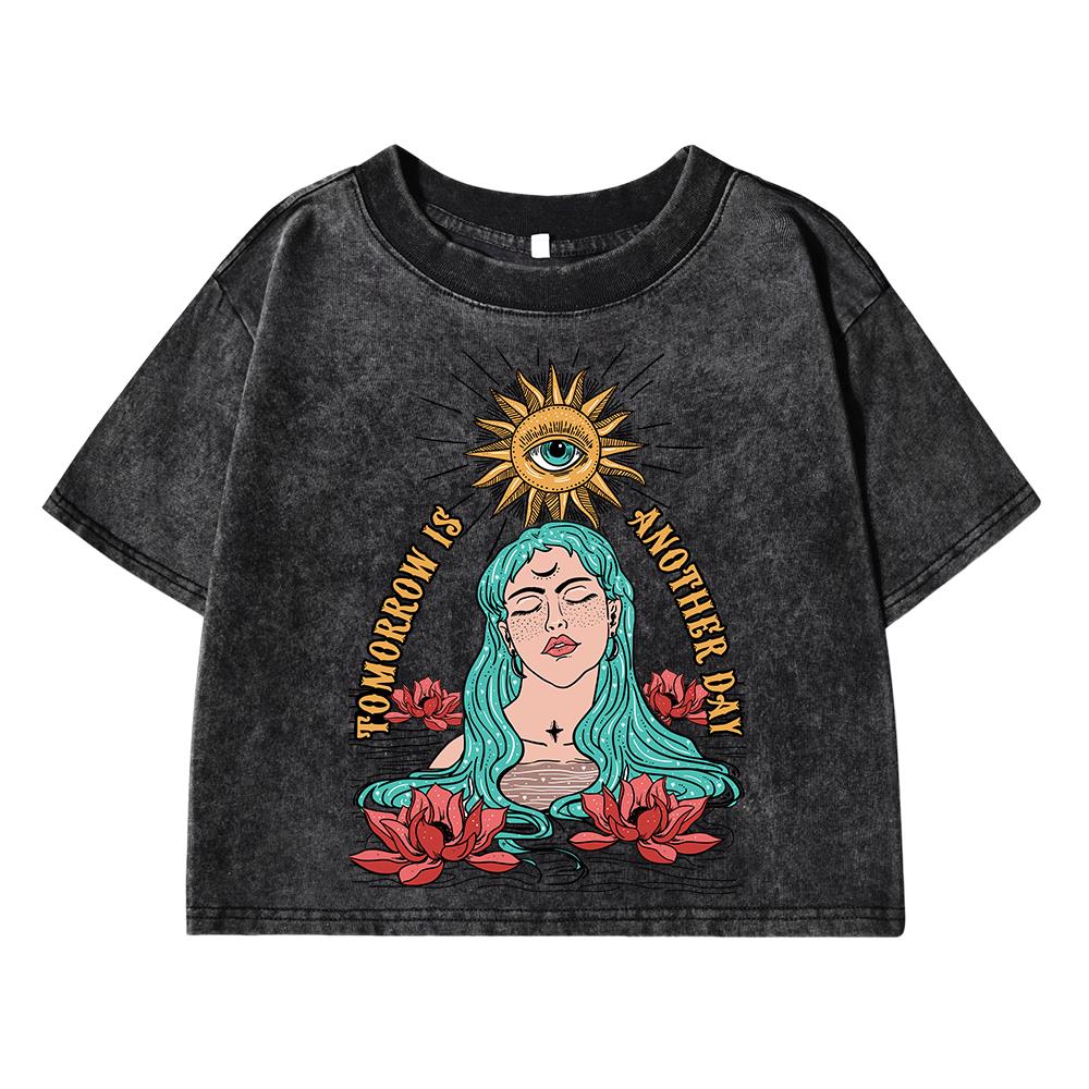 Goddess Of The Sun Printing Female Washed Short T Shirt Summer Casual Tshirt Street Clothes Fashion Loose Distress Tee