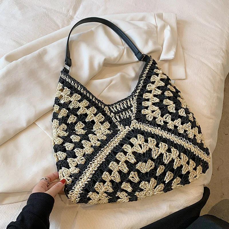 Commuter Large-capacity Straw Shoulder Bag Women's  New Popular Knitted Hollow Handbag Fashion Shoulder Bucket Bag