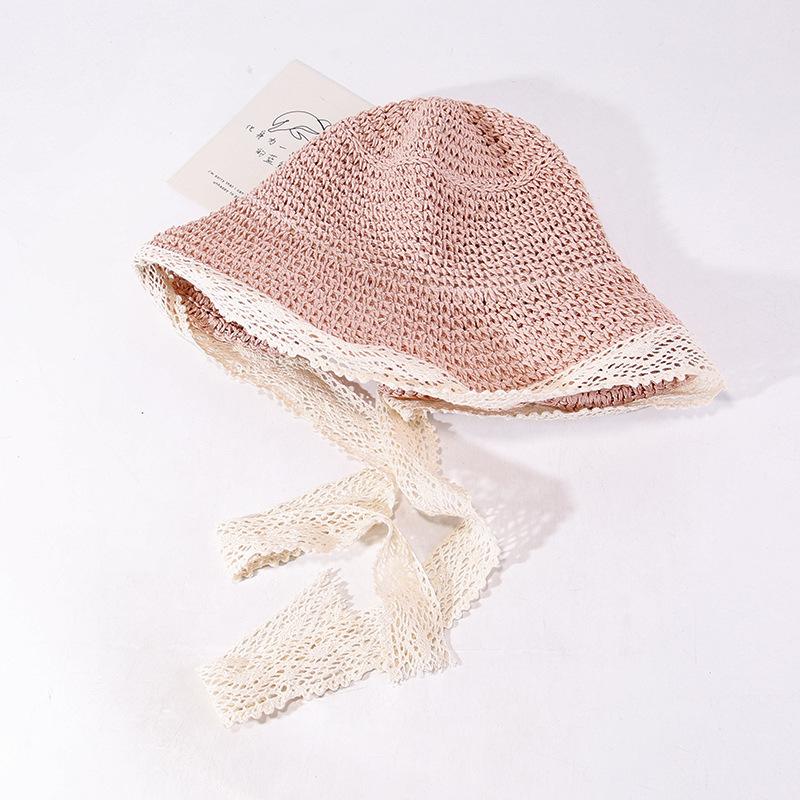 Francouzská krajka Sluneční klobouk ze slámy Dámský letní Klobouk kbelík s velkou krempou a stuhami K moři Skládací sluneční klobouk