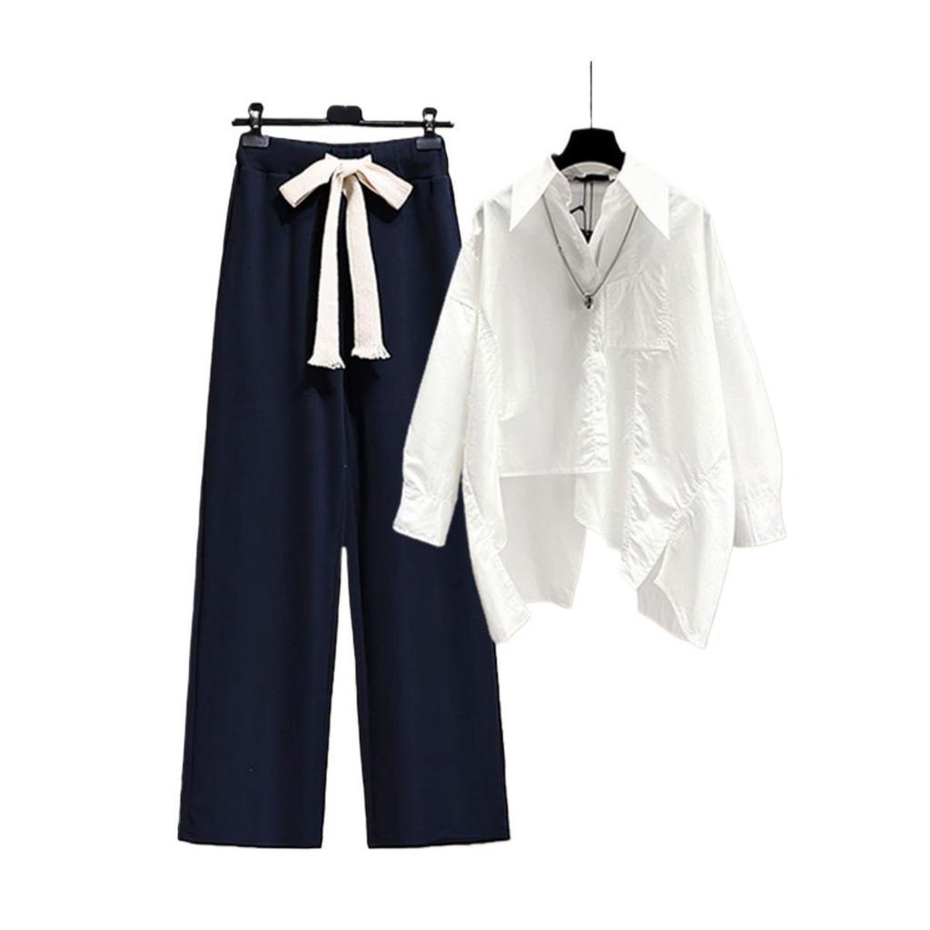Spicy Girl Spring/Autumn Two-Piece Set: Wide-Leg Pants + Patchwork Shirt Top for Women 2026