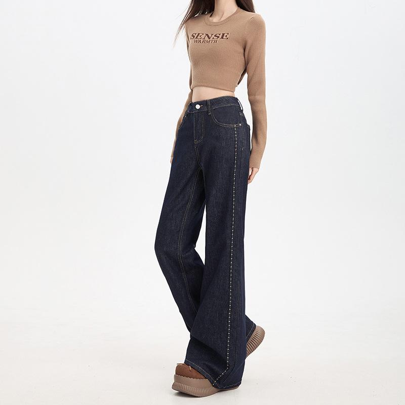Elastic embroidered slightly pulled jeans women's loose without legs retro flared pants thin versatile trousers