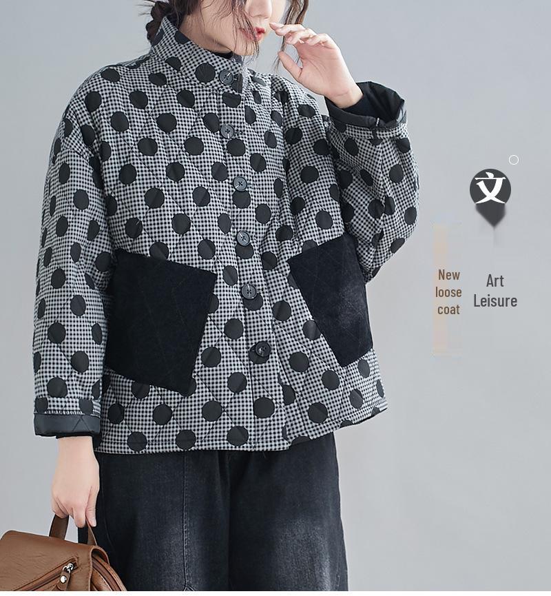 2024 Plus Size Women's Retro Argyle Short Quilted Cotton Jacket with Polka Dots