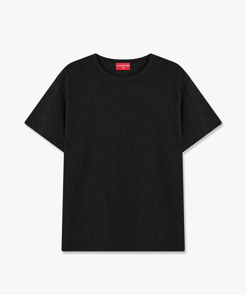 PSSHOPPER Semi-Crop Slub Vintage Short Sleeve T-Shirt [Black]