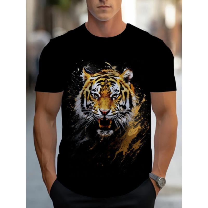 Roaring Tiger Head 3D Graphic Tee Men's Fashion Black Short Sleeve T-Shirt Casual Crew Neck Creative Ink Paint Art Style Summer Streetwear Clothes Top