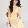 Elegant Yellow Floral Slim-Fit Summer Dress with Lace and Square Neck Short Style