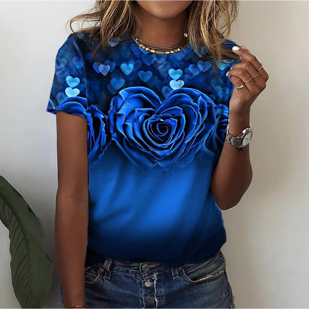 Round Neck 3D Flower Printed Top Fashionable Casual Short Sleeved Women's T-shirts - Soft Medium Stretch Polyester Fabric Summer Relaxed Fit Clothing