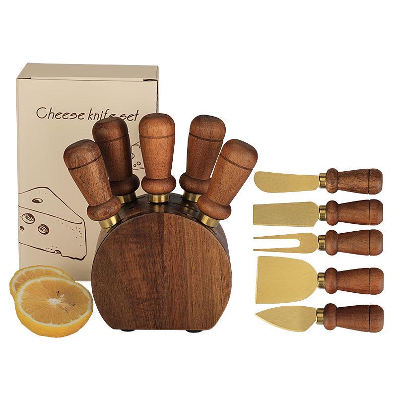 Acacia Wood Cheese Knife Set: Stainless Steel Knife, Fork, and Spatula with Storage Base