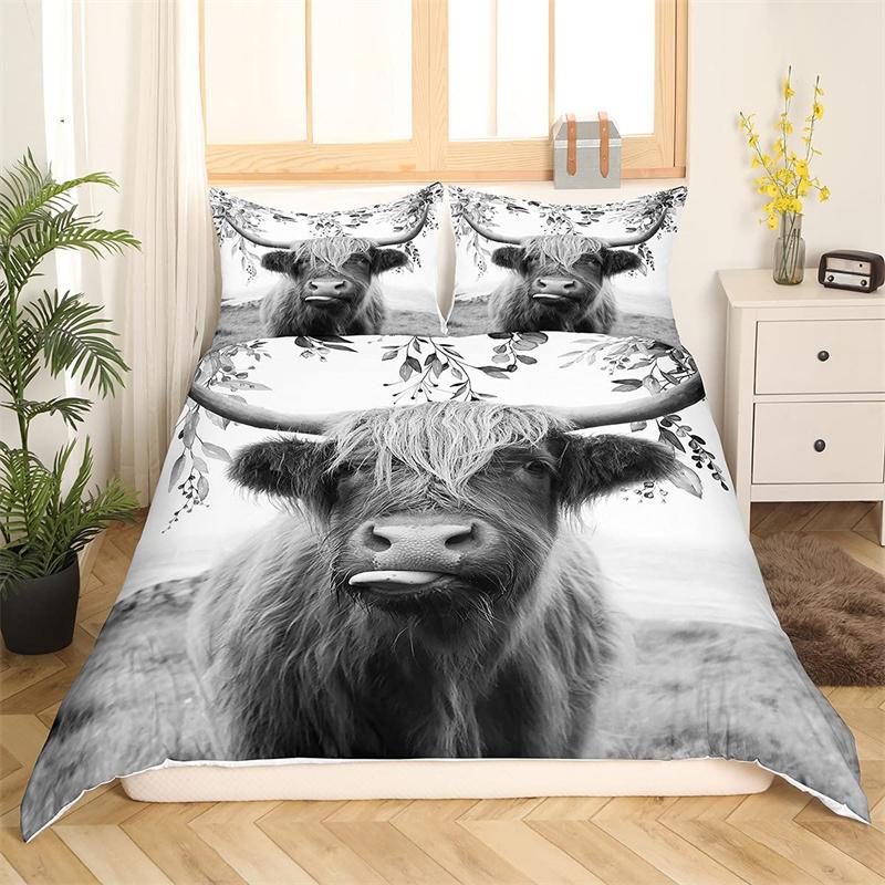 Highland Cow Duvet Cover Western Farm Animal Bedding Set Full King For Boys Girls Microfiber Floral Bull Cattle Comforter Cover