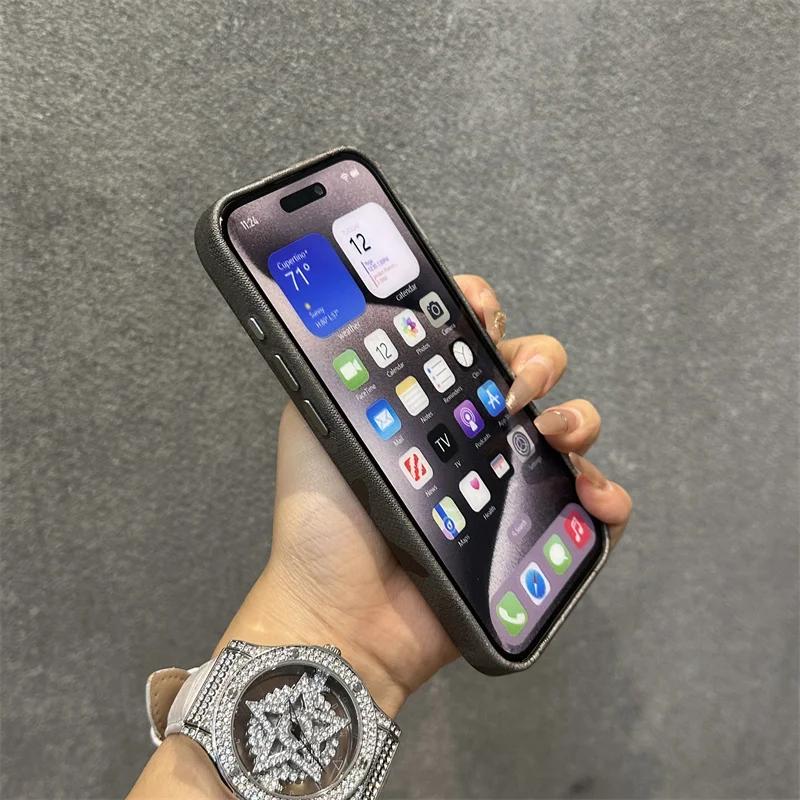 Camouflage Leather Magsafe Case for Iphone 13 14 15pro 12 13Pro 14pro Max Plating Lens Matte Wireless Charging Shockproof Cover