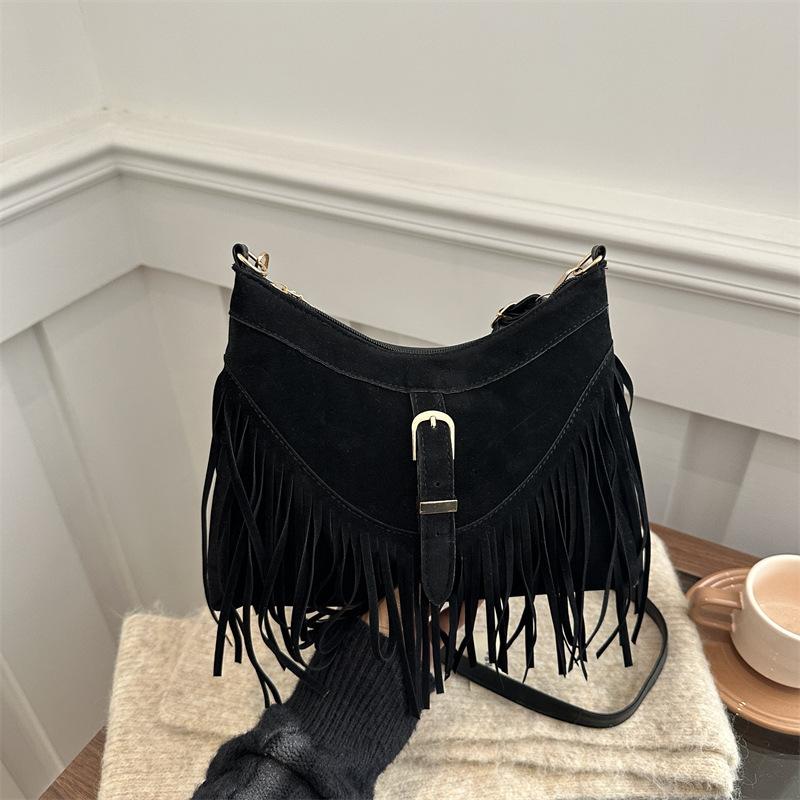 Vintage Western Suede Fringe Tote Bag with Adjustable Strap Buckle Accent Casual Crossbody Purse for Women ,Travel Shoulder Bag