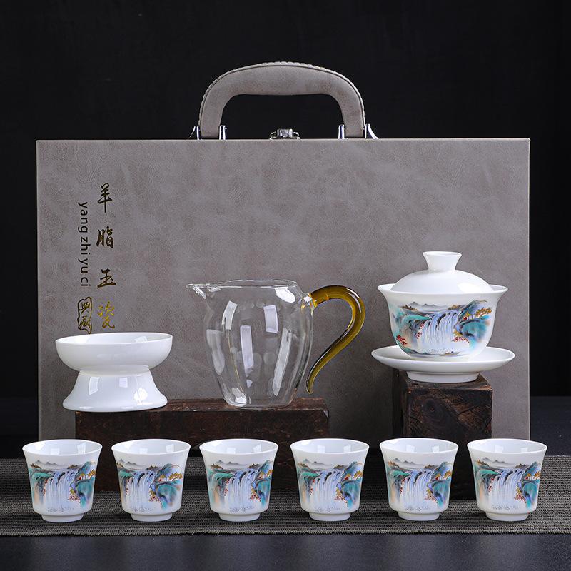 Ceramic White Suet Jade Porcelain Kung Fu Tea Set Business Company High-end Gifts