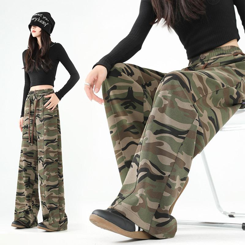 Classic Camouflage Casual Pants for Women In Spring and Autumn New High-waist Relaxed Fit Draping Floor Wide-leg Straight Pants