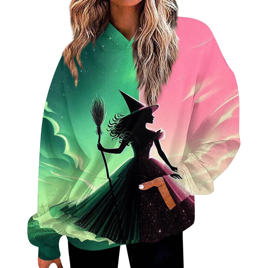 Women's Casual Fashion Witch Print Long-Sleeve Hooded Sweatshirt With Pockets