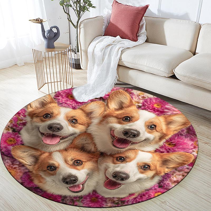 Corgi Dogs Round Area Rug,Carpet Rug for Living Room Bedroom Sofa Playroom Decor,Non-slip Floor Mat