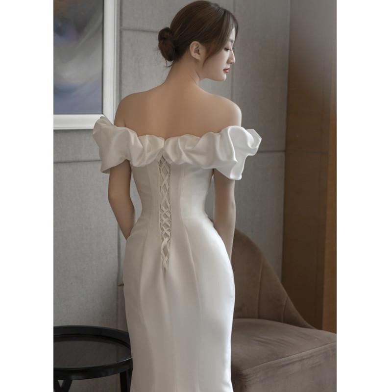 Off-the-shoulder French Light Wedding Dress, Satin Simple, 1011 New Mermaid White Slimming Welcome Tail Gauze for Outings