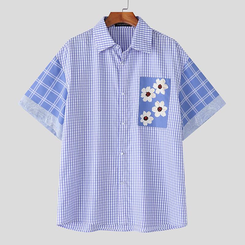 

INCERUN Men Turn Down Collar Short Sleeve Stitching Plaid Print Casual Summer Shirts 3XL синий