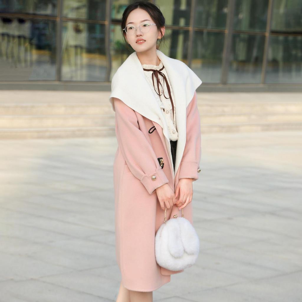 Damen 2025 Petite Kapuzen-Doppelseitiger Kaschmir-Woll-Übermantel, Mittellang