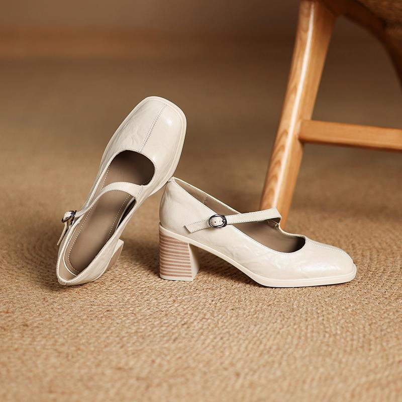Krazing Pot Sheep Skin Spring Summer Size 41 Chunky Heels Women Square Toe Mary Janes