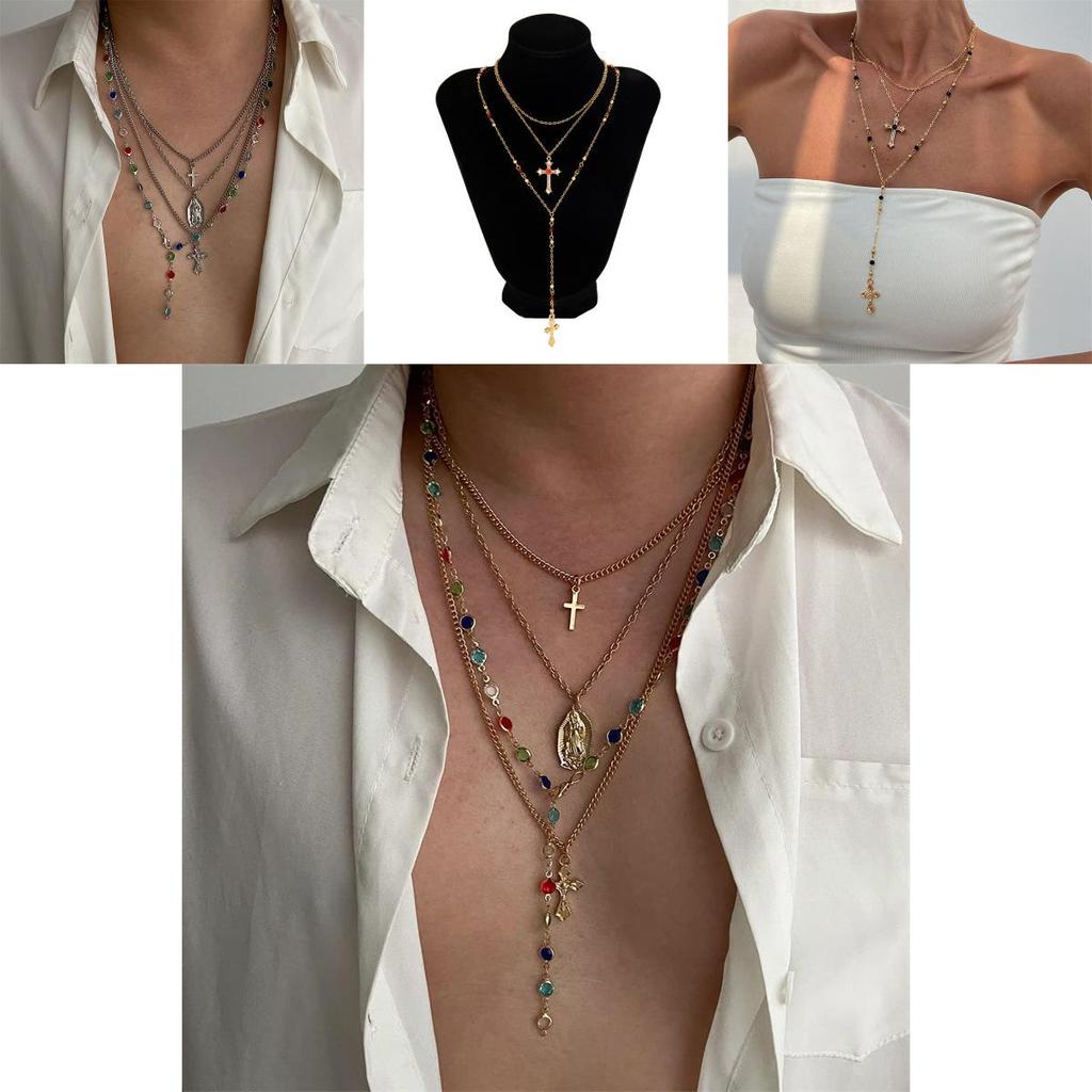 Cross Pendant Necklace For Women With Layered Y Design And Fringes