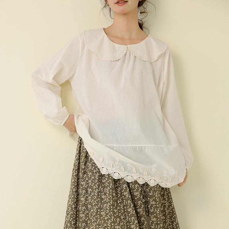 

Mori Girl Cotton Lace Embroidery Top - Long Sleeve Babydoll Undershirt One Size абрикосовий