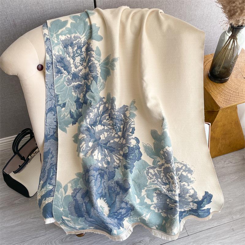 New winter cashmere scarf women's peony flower thickened warm scarf retro elegant high-end shawl
