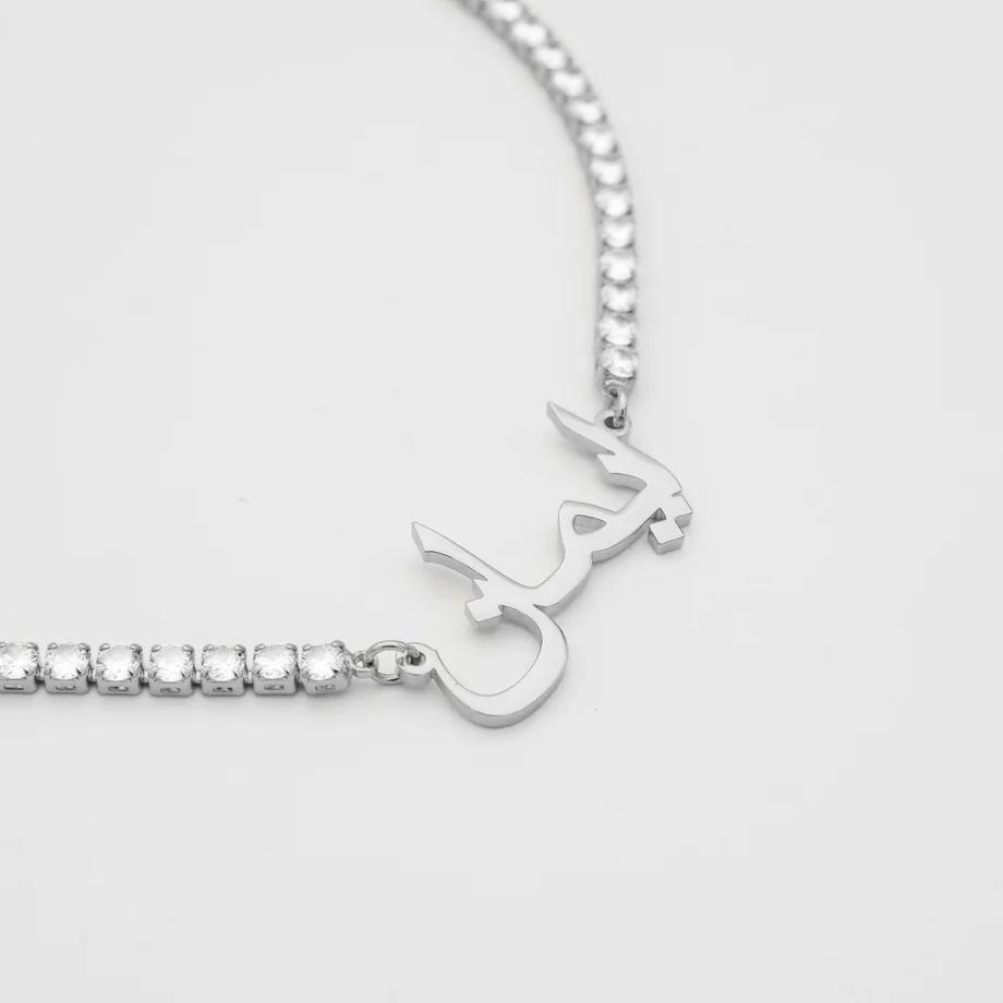 Custom Arabic Name Pendant Jewelry Shiny Luxury Zircon Tennis Chain Stainless Steel Necklace for Women серебряный