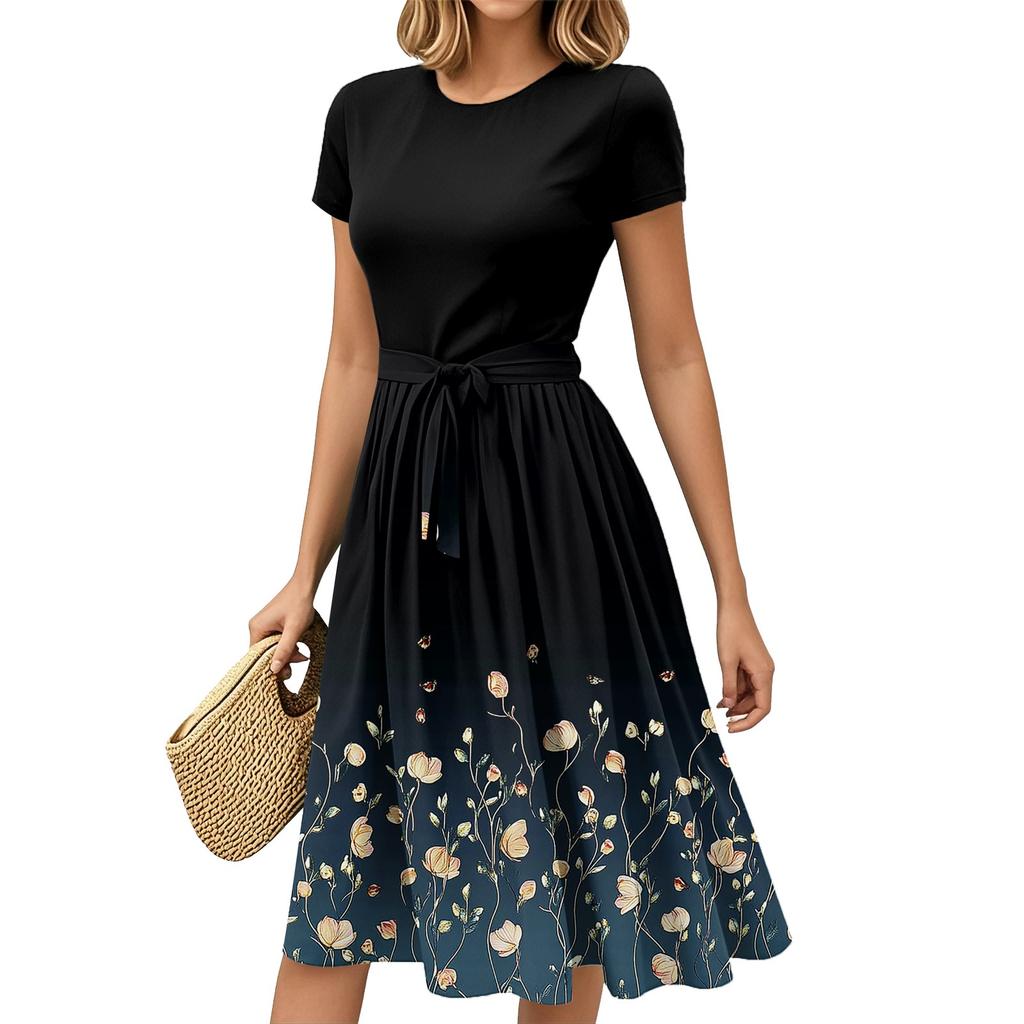 Dámská móda Ležérní pásek Krátký rukáv Kulatý výstřih Geometrický potisk Prošívaný Elegantní temperament Šaty