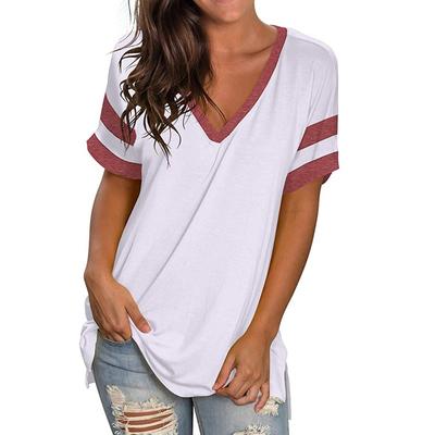 Koszulka bazowa damska na wiosnę i lato, gładka, z dekoltem V, patchwork, krótki rękaw, luźna T-shirt damski