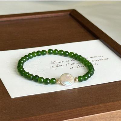 Natural Freshwater Freshwater Pearls & Green Agate Chalcedony Bracelet - Round Button Beads Chinese-Inspired Jewelry Gift