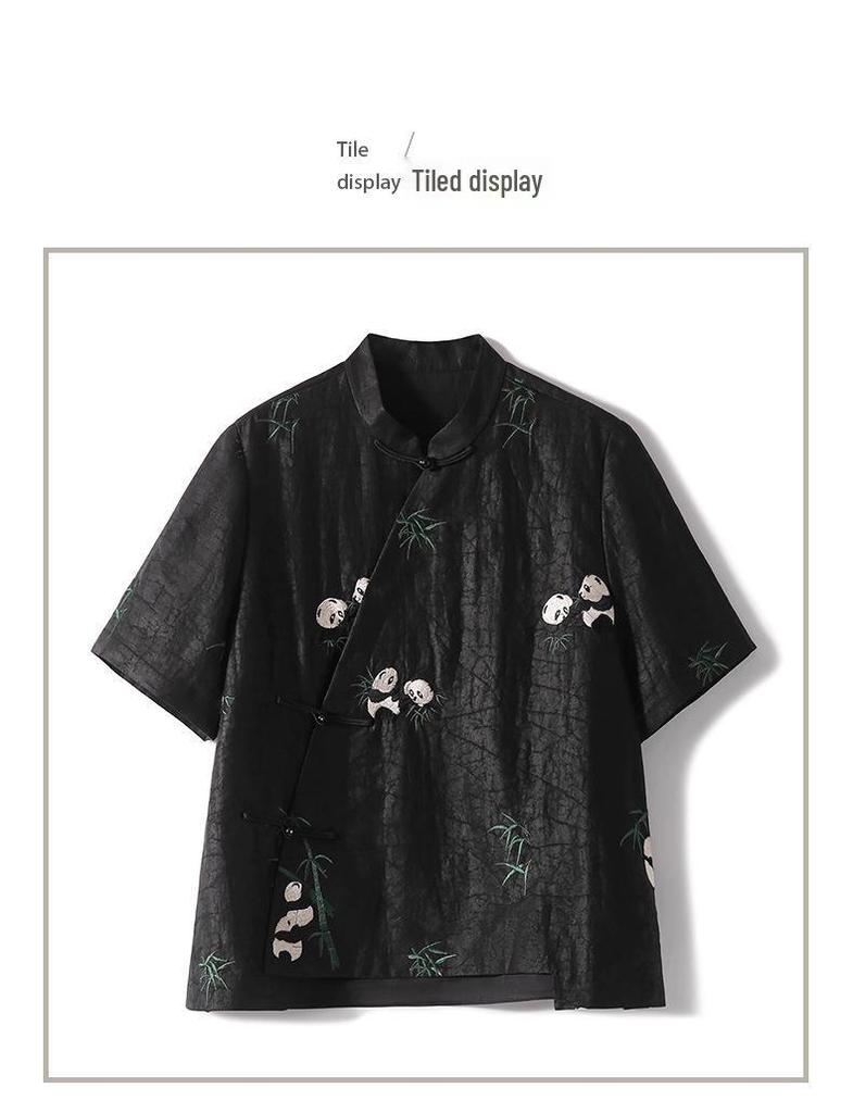 22MM Seiden-Schildpatt-Panda-Stickerei T-Shirt - Neuer Chinesischer Stil Maulbeerseide Damen Sommer Oberteil