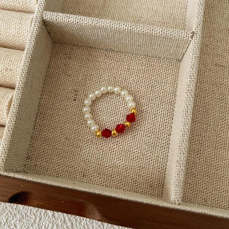 Pearl Beaded Ring Women's Elastic Rope Literary Stacking Index Finger Ring High-end Handmade Ring Jewelry