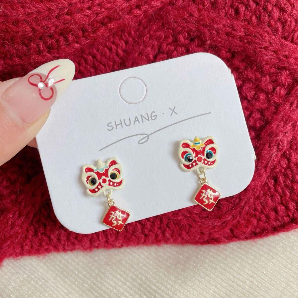 Festive Bell Pendant Earrings Chinese Style New Year Earrings Jewelry Red Little Lion Earrings