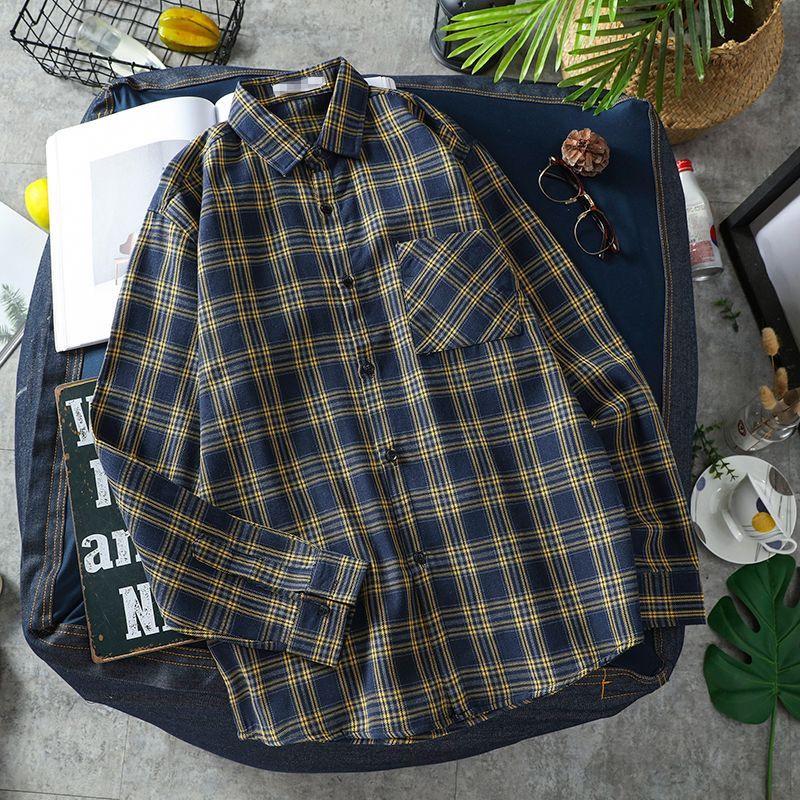 Retro Plaid Women's Long Sleeve Korean-Style Loose Casual Shirt for Spring, Summer, and Autumn