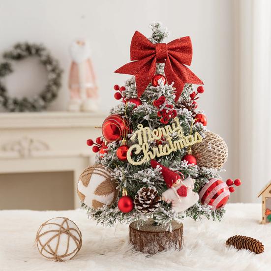 Mini Christmas Tree with LED Light Pre-lit Small Artificial Snow Flocked Tree with Ball Ornaments for Xmas Tabletop Indoor Holiday Decor