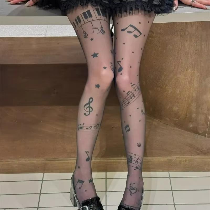 

Kave Y2K Music Note Patterned Piano Tights For Women Gothic Stockings Kwaii Lolita Silk Thin Long Socks Festival Sheer Pantyhose L