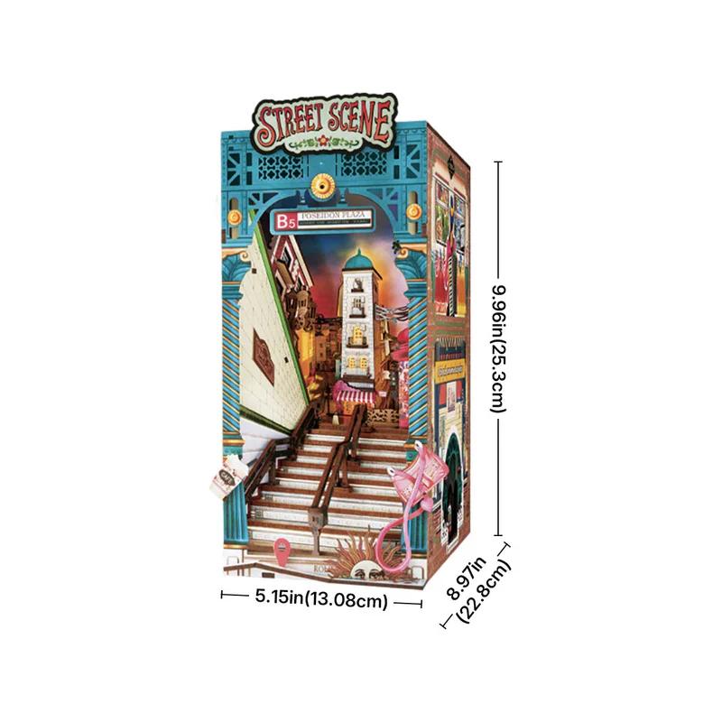 Robotime DIY Miniature House Book Nook Kits Street Scene Booknook with Lights Diorama Model Building Kit Decor Gift for Adults