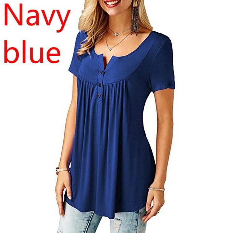 Ladies Casual Women Blouse O Neck Shirts Loose Elastic Short Sleeve Tunic Button Top