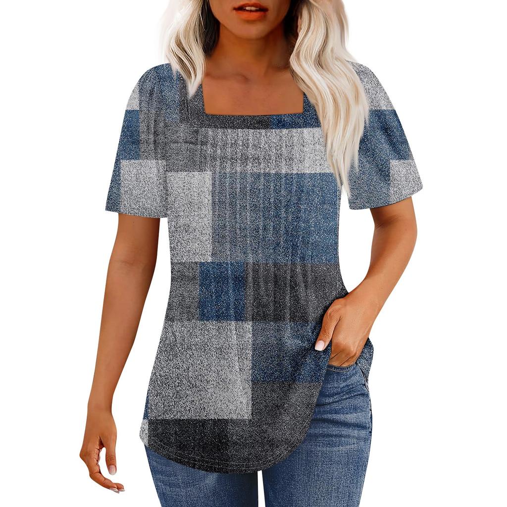 T-Shirts für Damen, plissiert, quadratischer Ausschnitt, elegante, lässige Blusen, bedruckt, kurzärmelig, Sommeroberteile, lockere Passform